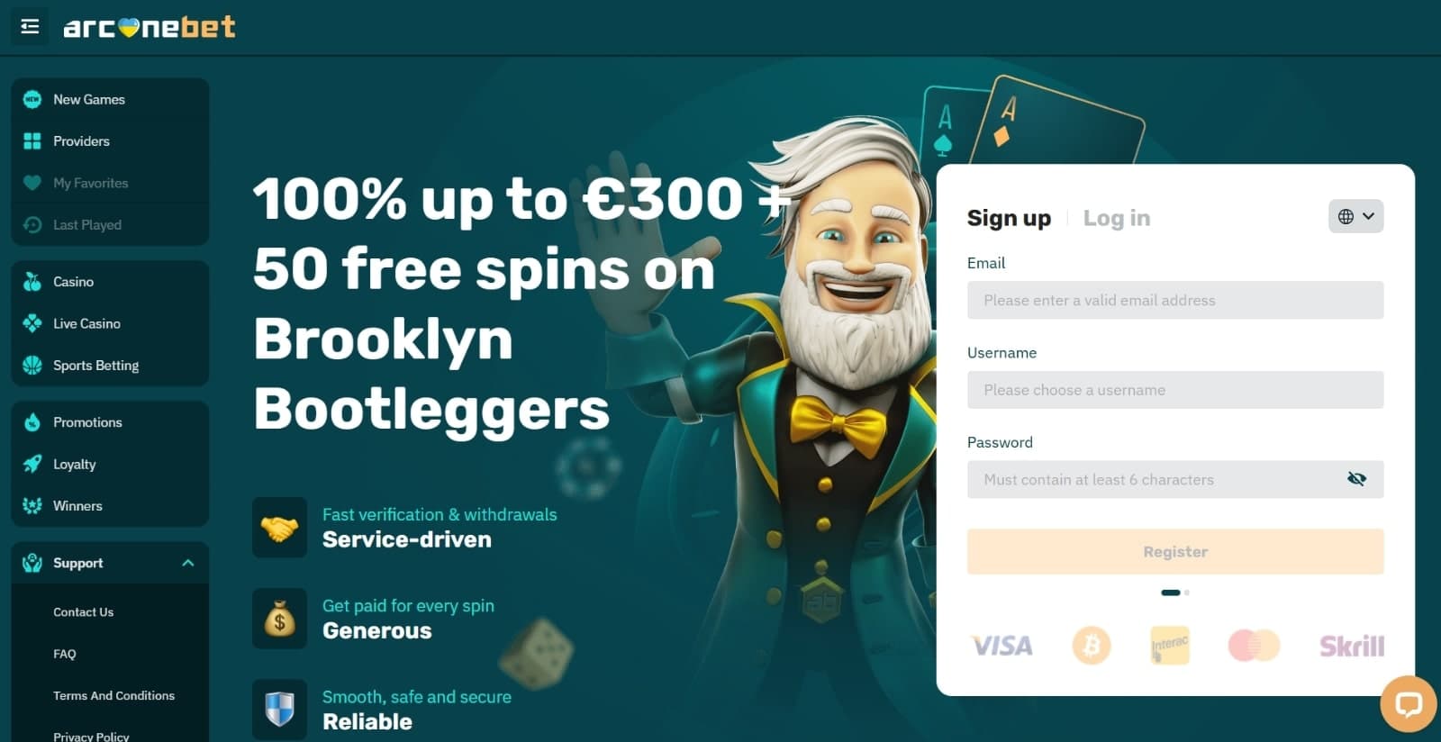 ArcaneBet Casino's landing page featuring the 100% up to 300 euros and 50 free spins presented by wizard character, with sign up box and left side menu