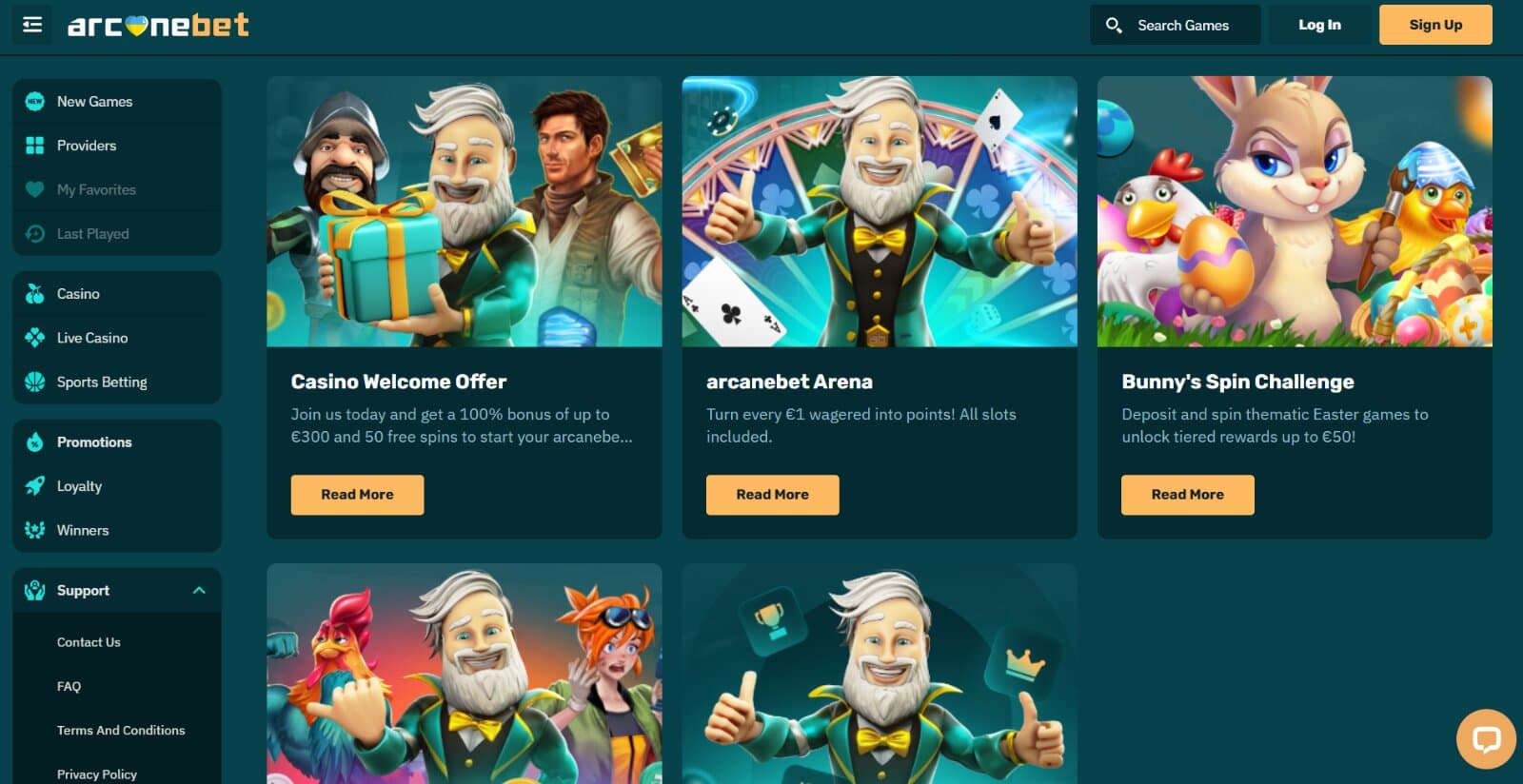 Arcanebet Casino's promotions page featuring the welcome offer, seasonal challenges, cashback and loyalty program