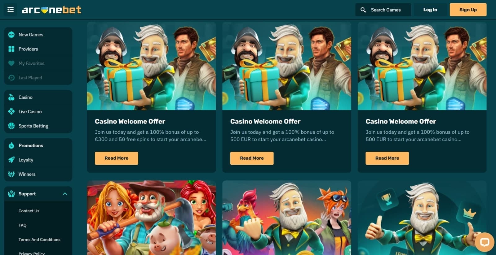 Arcanebet Casino's promotions page featuring the welcome offers and reload bonuses 