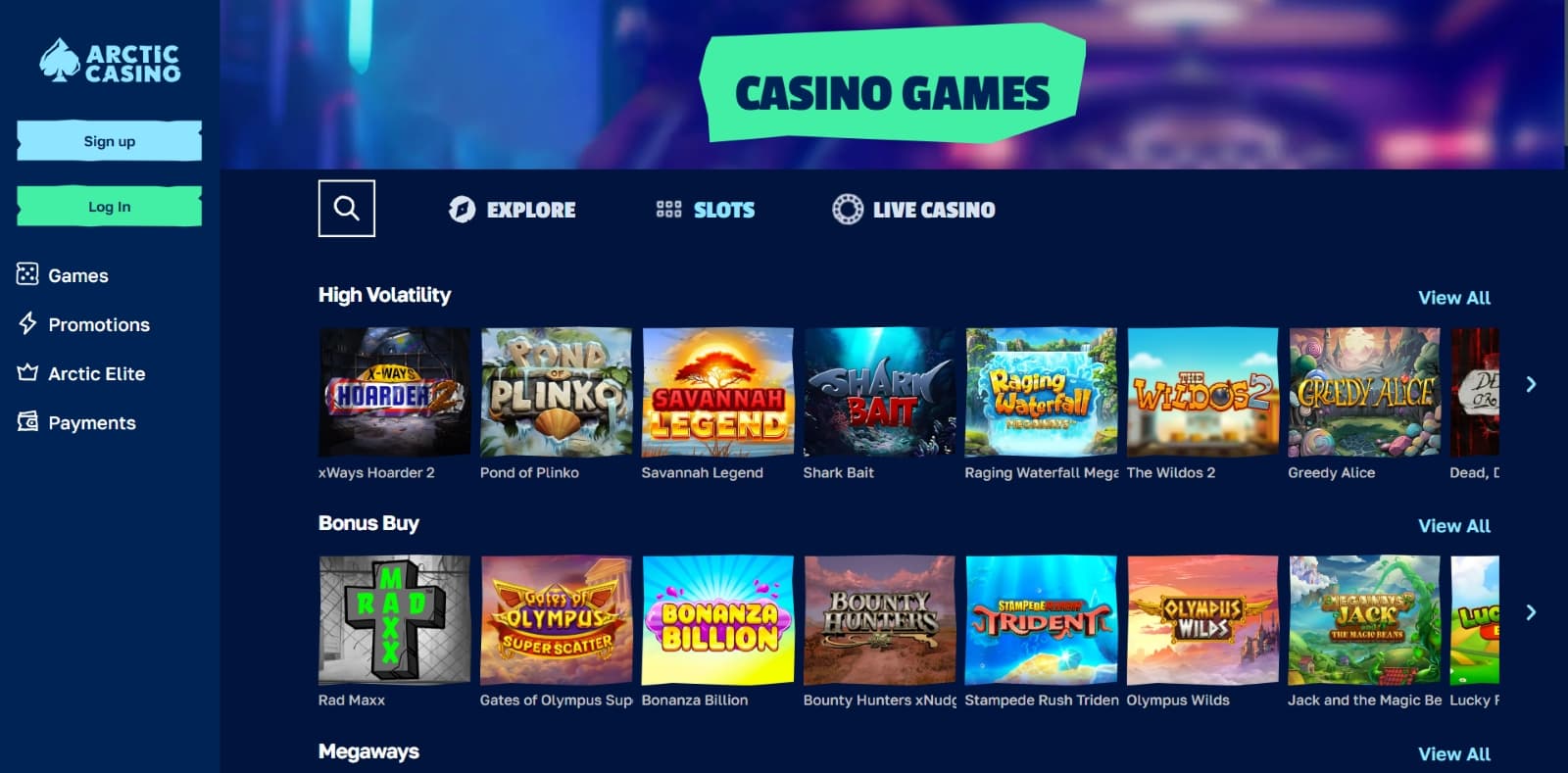 Arctic Casino games page with slot titles with high volatility and megaways