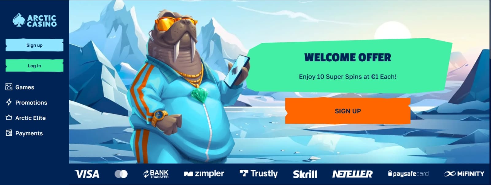 Arctic Casino landing page with 10 Super Spins welcome offer on image with Walrus character