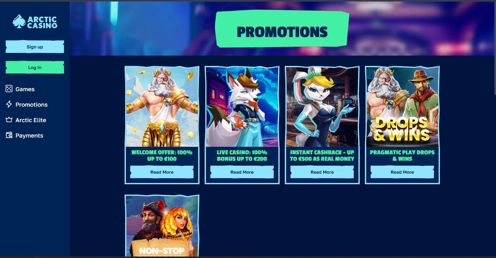 Arctic Casino promotions page with welcome bonuses and instant cashback