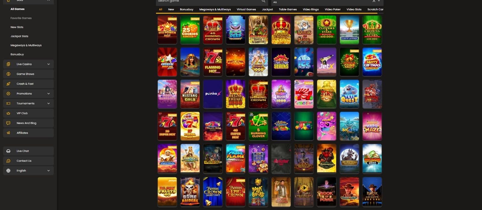 The Art Casino games page shows a selection of popular slots and the search filter for games and game providers. 