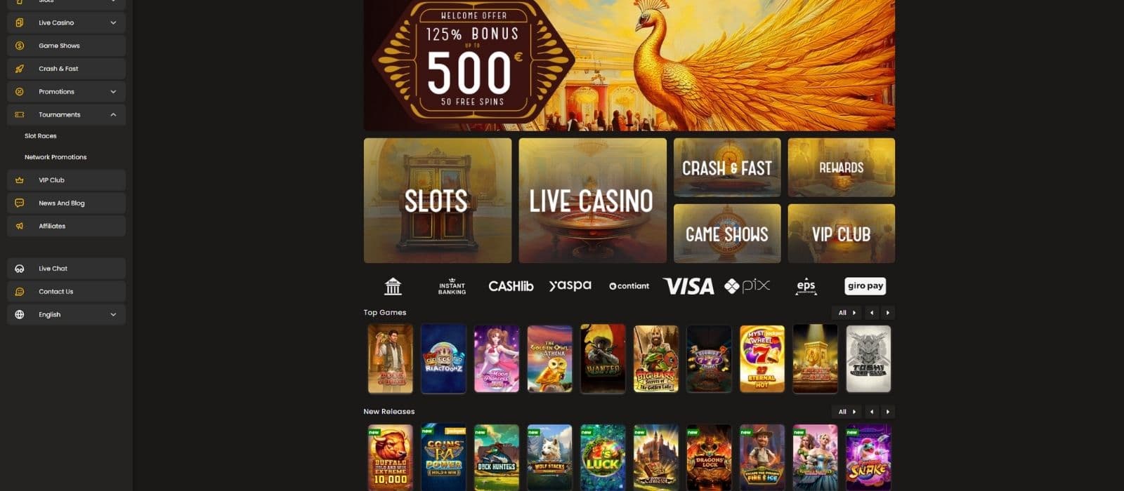 Art Casino landing page with selected game categories, a banner with the welcome bonus and the main menu to the left. 