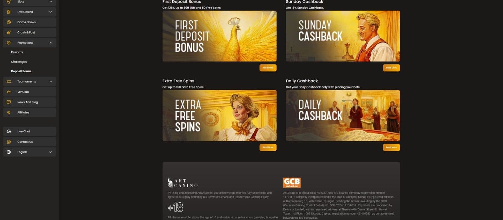 Art Casino promotions page showing the first deposit bonus and other casino promotions