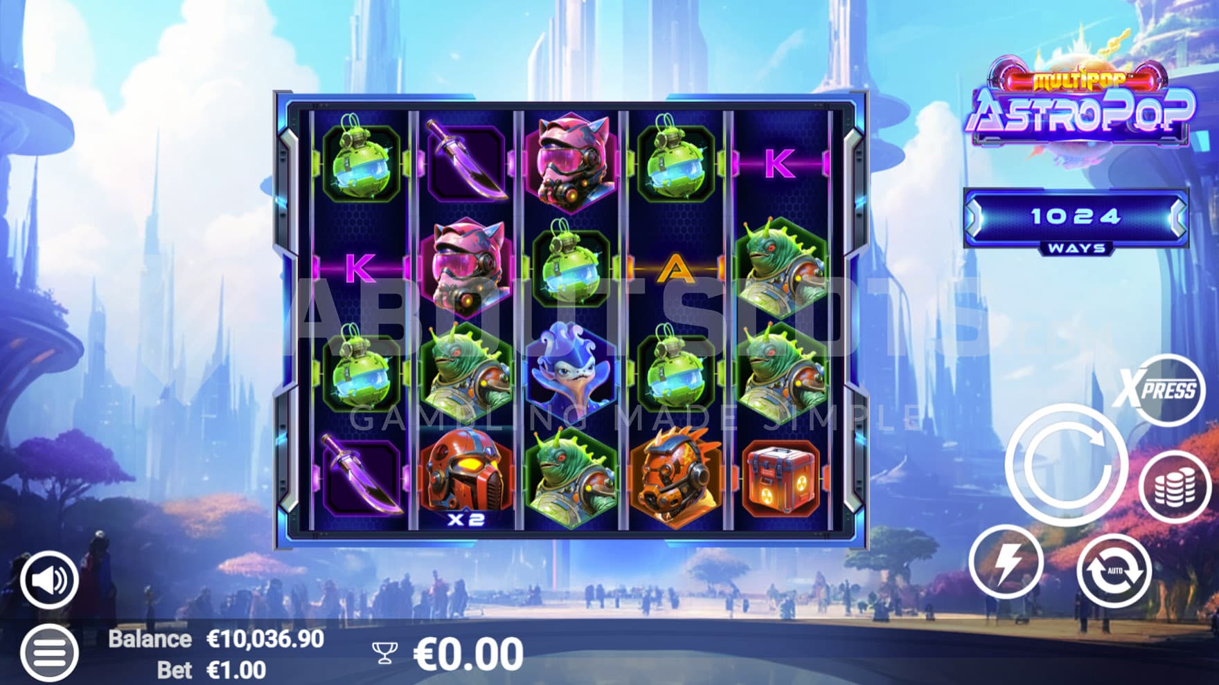 Base Game view of a 5x4 grid on a backdrop of a space city with high towers.