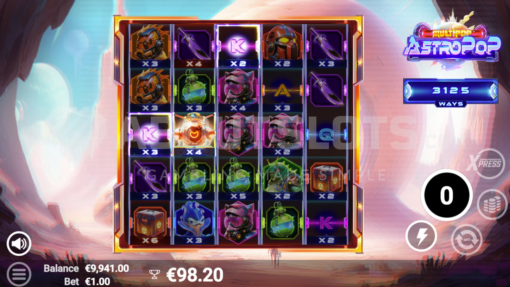 Bonus Game in progress, showing multiple positions of the grid with increased multipliers.