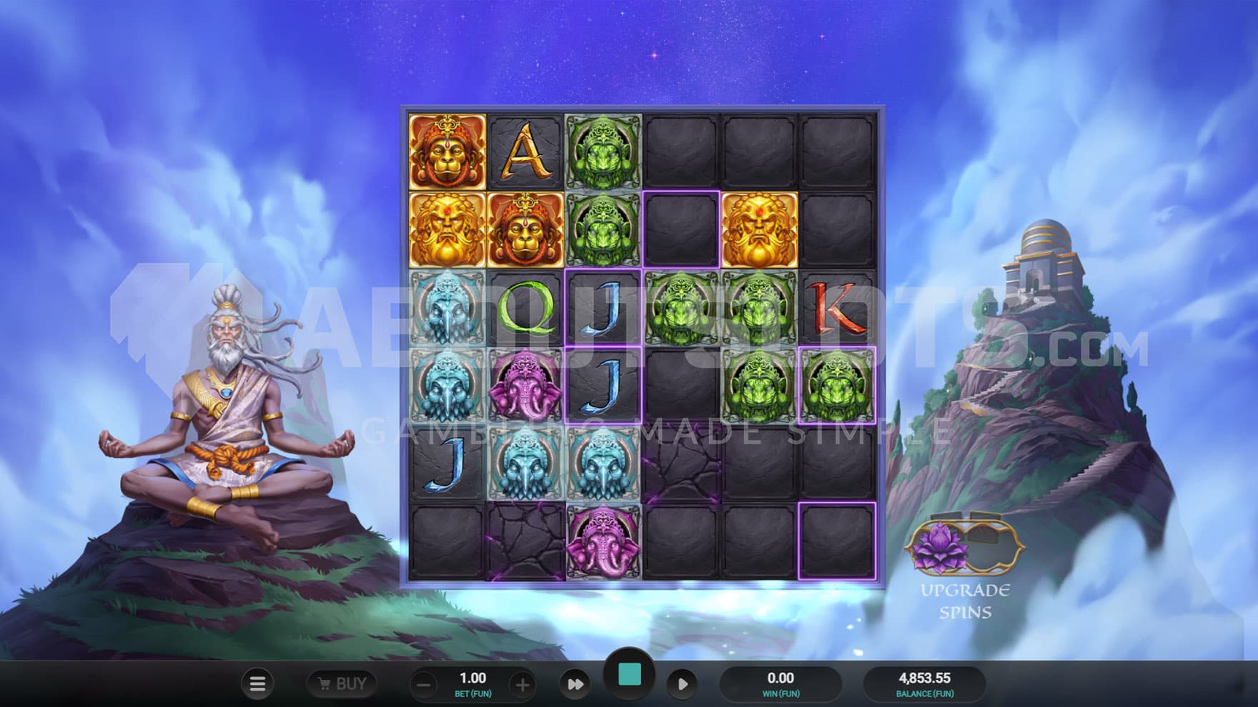 Base Game view of a 6x6 grid on a backdrop of a temple on top of a mountain and a monk meditating on a rock.