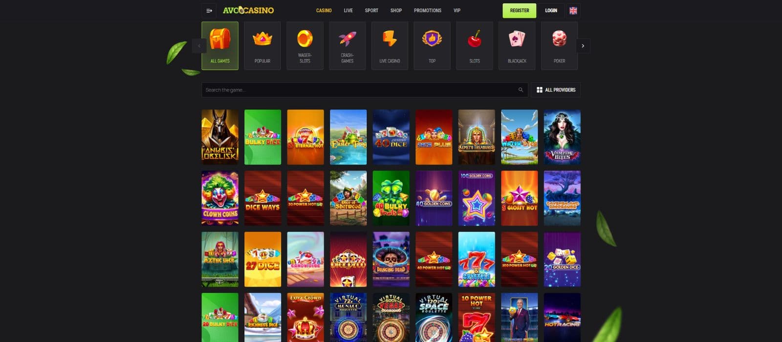 AvoCasino games page showing the most popular games, along with the game categories. 