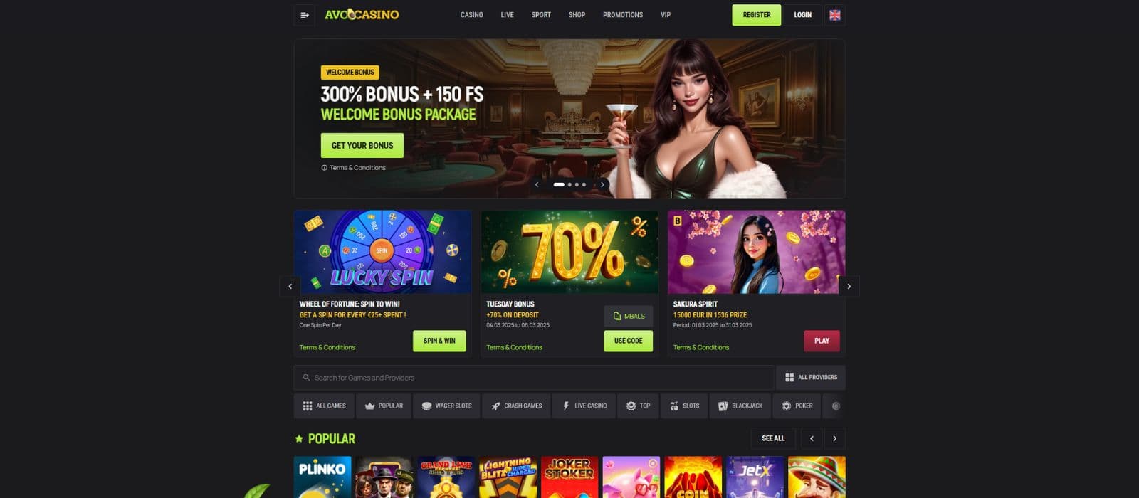 AvoCaino landing page showing the welcome bonus offer, game categories and a few popular games. 