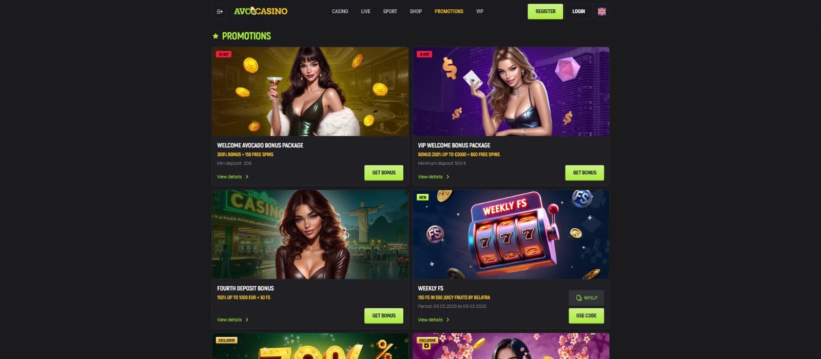 AvoCasino promotions page showing the different bonuses and promotions, including the welcome bonus offer. 