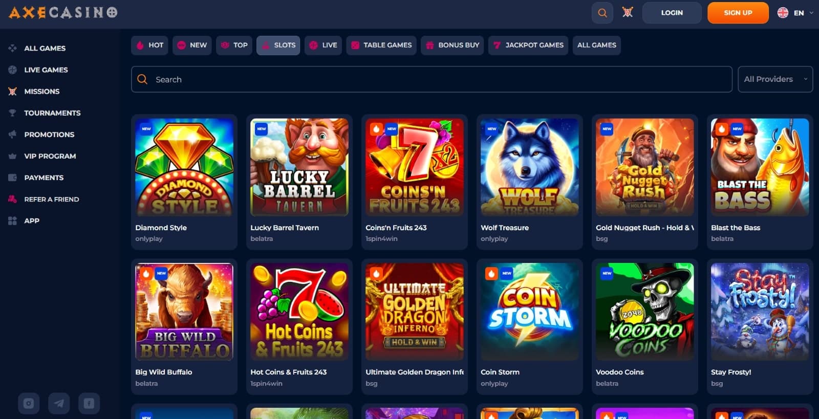 Axecasino's slot games section, showing titles such as Lucky Barrel and other slot titles.