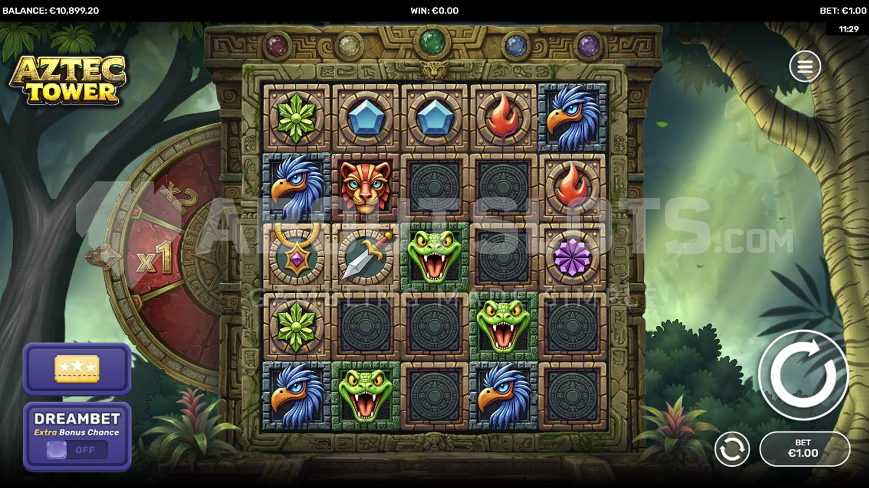 Base Game view of a 5x5 grid on a backdrop of a tropical jungle.