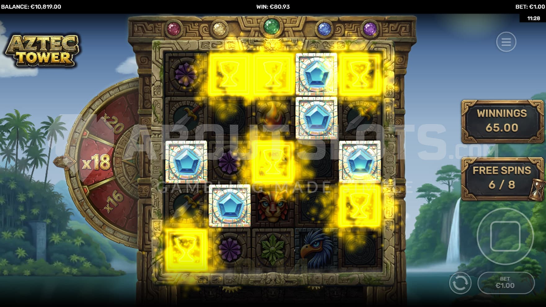 Free Spins bonus in progress, showing a multiplier wheel increased to x18.