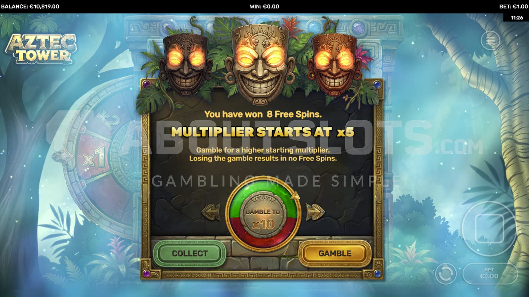 Gamble feature triggered before free spins, allowing players to gamble for a higher starting multiplier.
