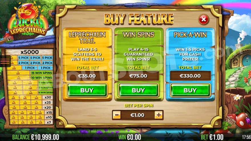 The Bonus Buy feature with three options of buying the Leprechaun Trail, Win Spins, and Pick-a-Win feature.