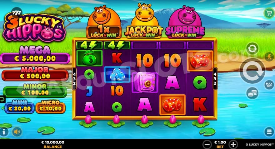 Base game where you can see three hippos above the reels.