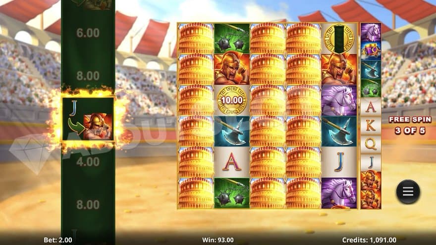 Third of five free spins with stacked wild on reels 1, 3, and 4.