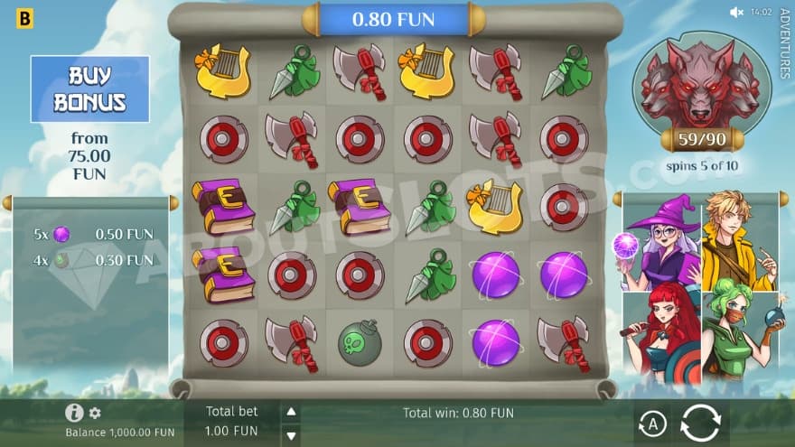 Base game with the four heroes on the right of the reels.