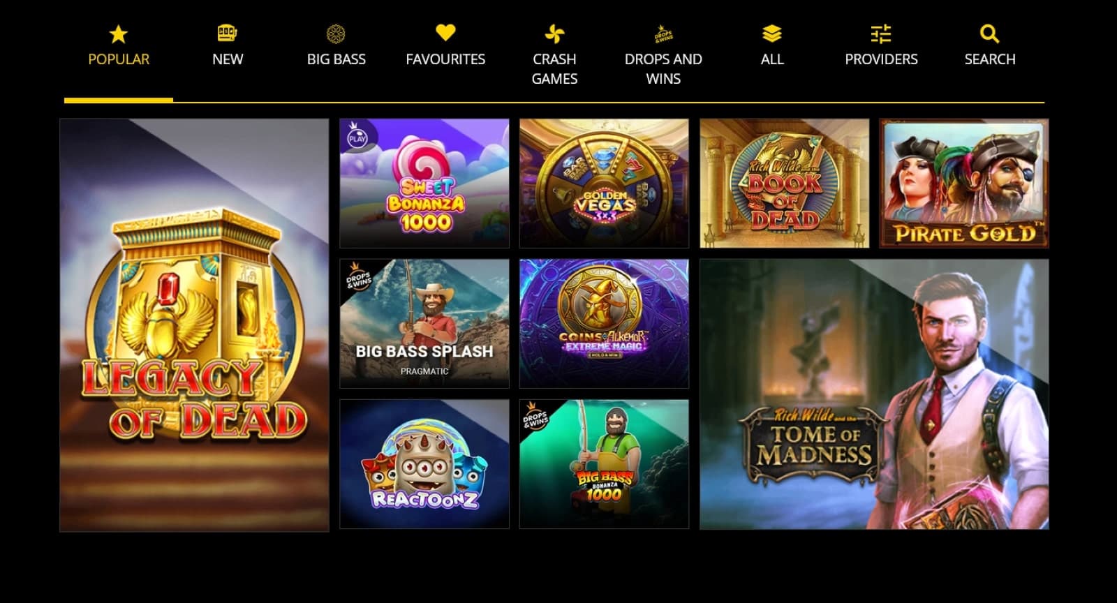 B-bets Casino games page with popular slot games like Legacy of Dead and Tome of Madness