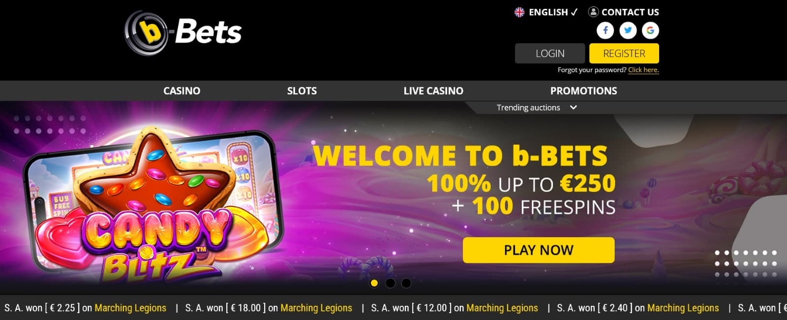 The landing page of B-Bets Casino displays the welcome bonus of up to 250 euros and 100 free spins.