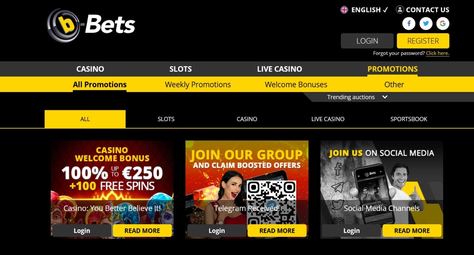 The promotions page of B-Bets Casino showcases a range of casino bonuses, such as the welcome bonus, Telegram boosted offers, and more. 