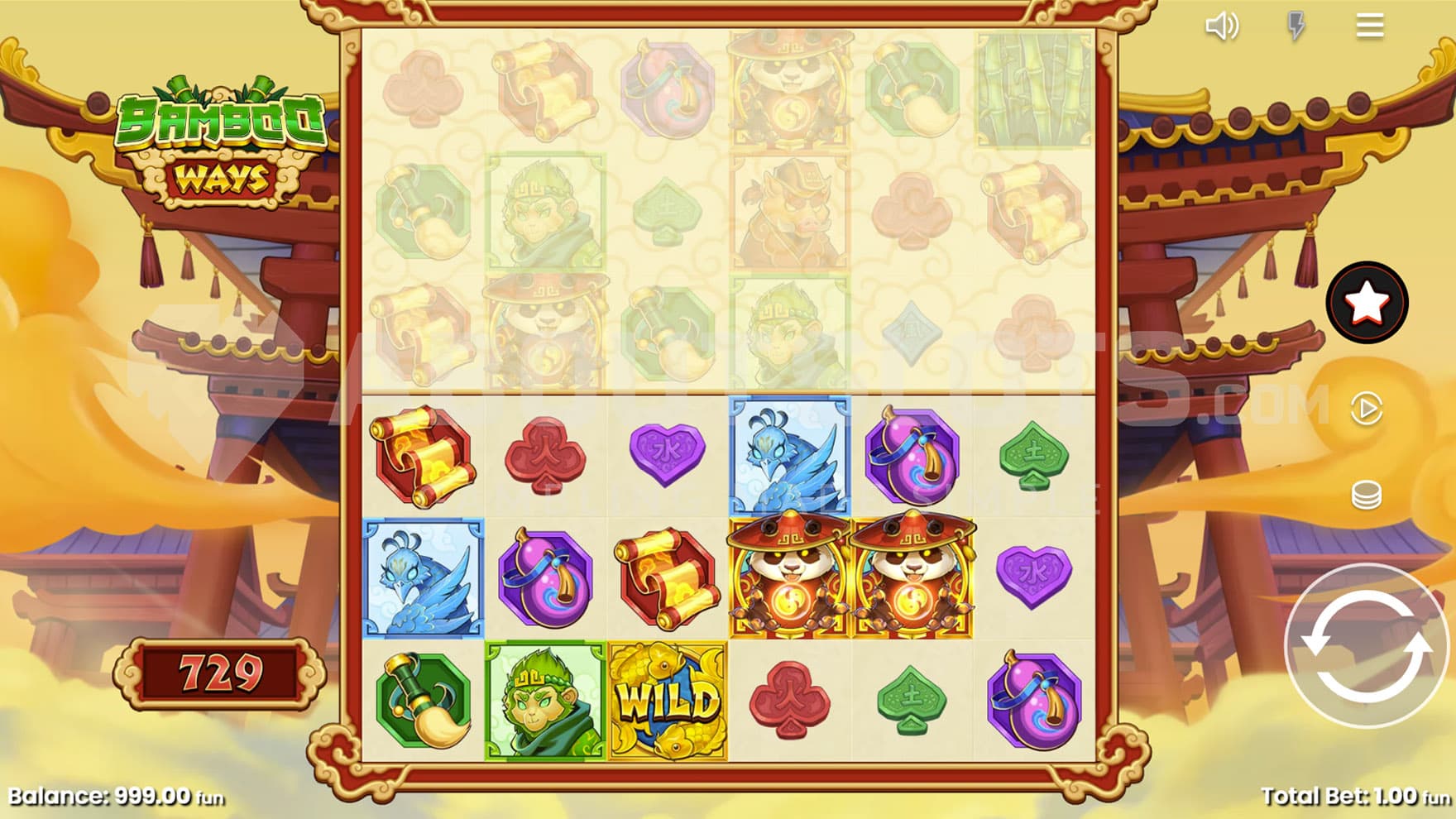 Base Game view of a 6x6 grid with 3 rows locked, on a backdrop of a cartoony Asian temple in the clouds.