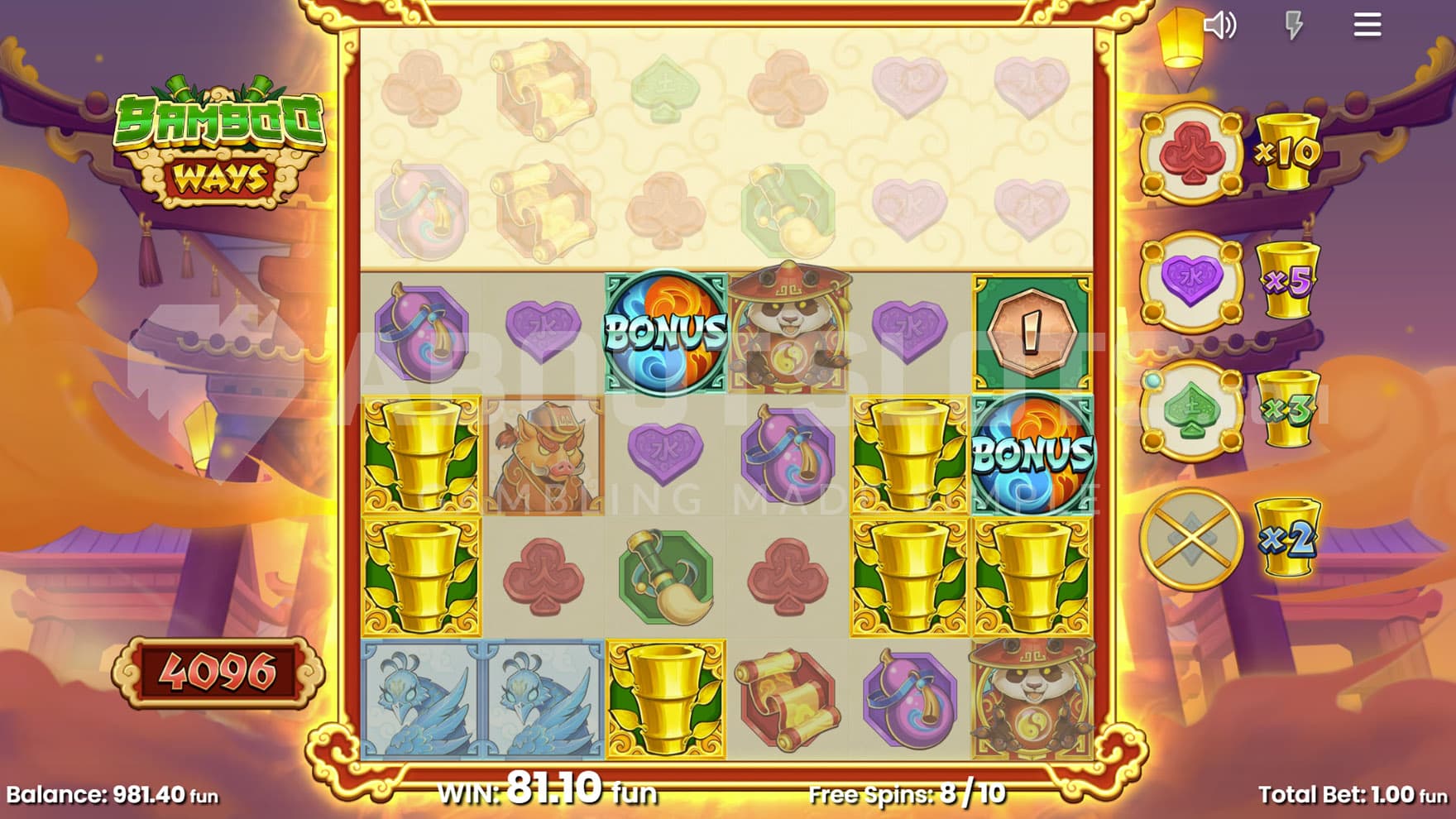 Free Spins bonus in progress, with 2nd level of progression achieved and multiple Golden Bamboo symbols on the grid.