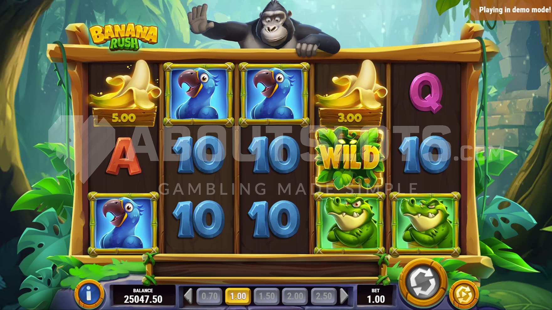 Base Game view of a 5x3 grid on a backdrop of a lush jungle, with a gorilla peeking from behind the top ridge.