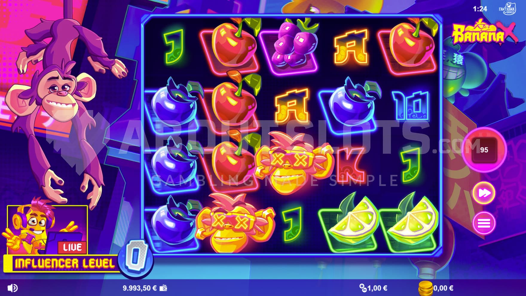 Base Game view of a 5x4 grid on a backdrop of colourful, abstract patterns.