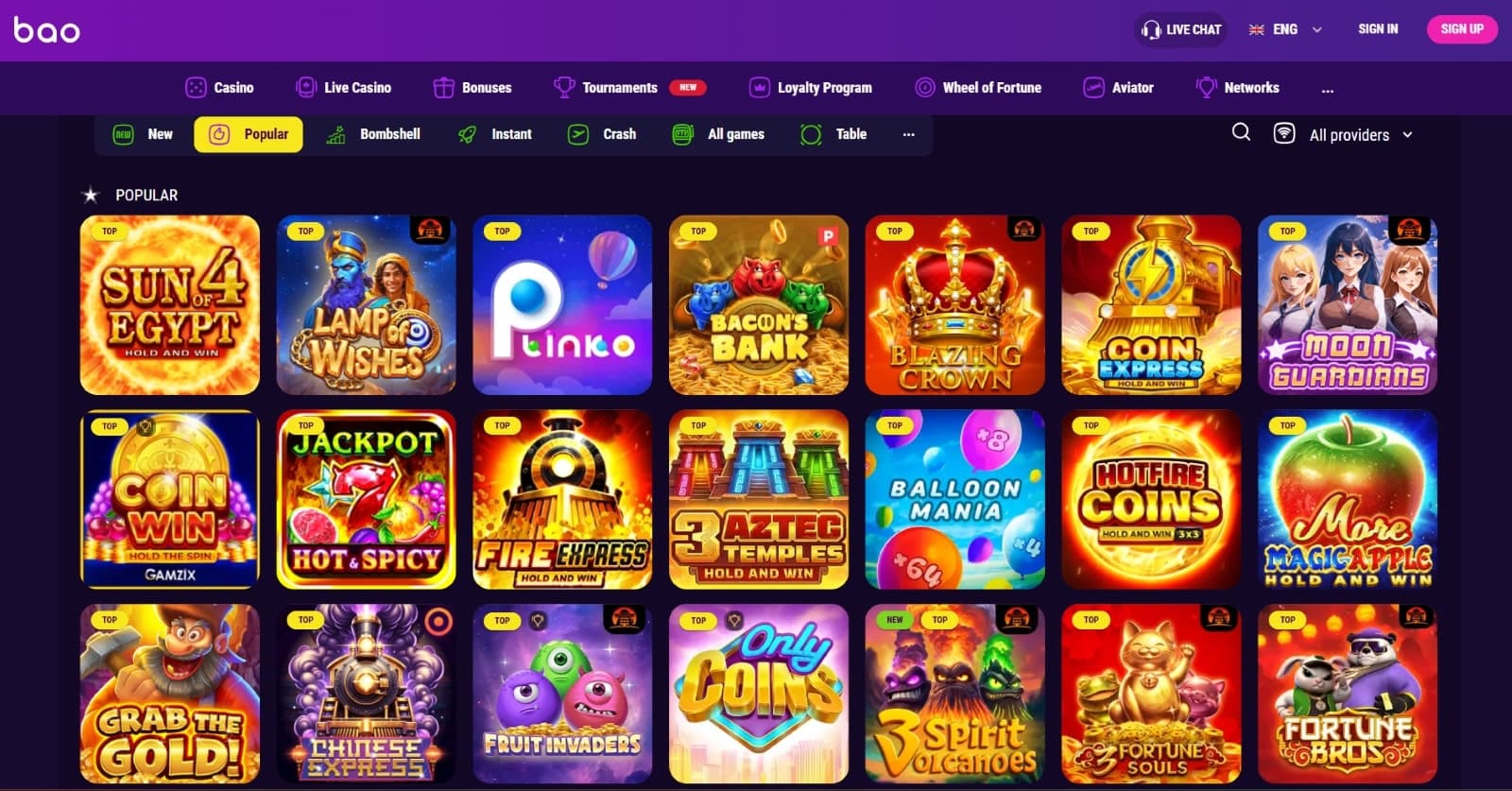 Bao Casino game page featuring popular slots such as Sun 4 Egypt, Grab the Gold and Fire Express
