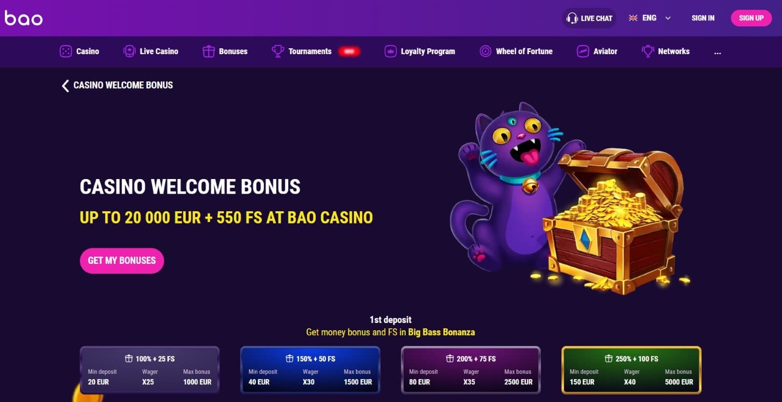 Bao Casino landing page featuring three-eyed purple cat  character on 20000 eur welcome bonus banner