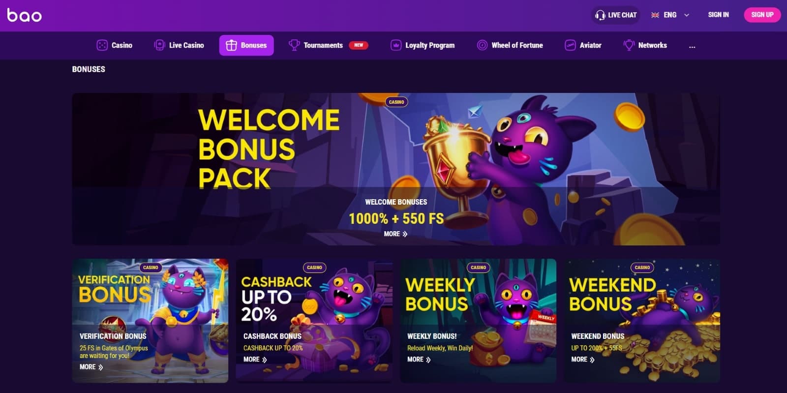 Bao Casino promotions page featuring welcome bonus pack, no deposit bonus, cashback and reload bonuses