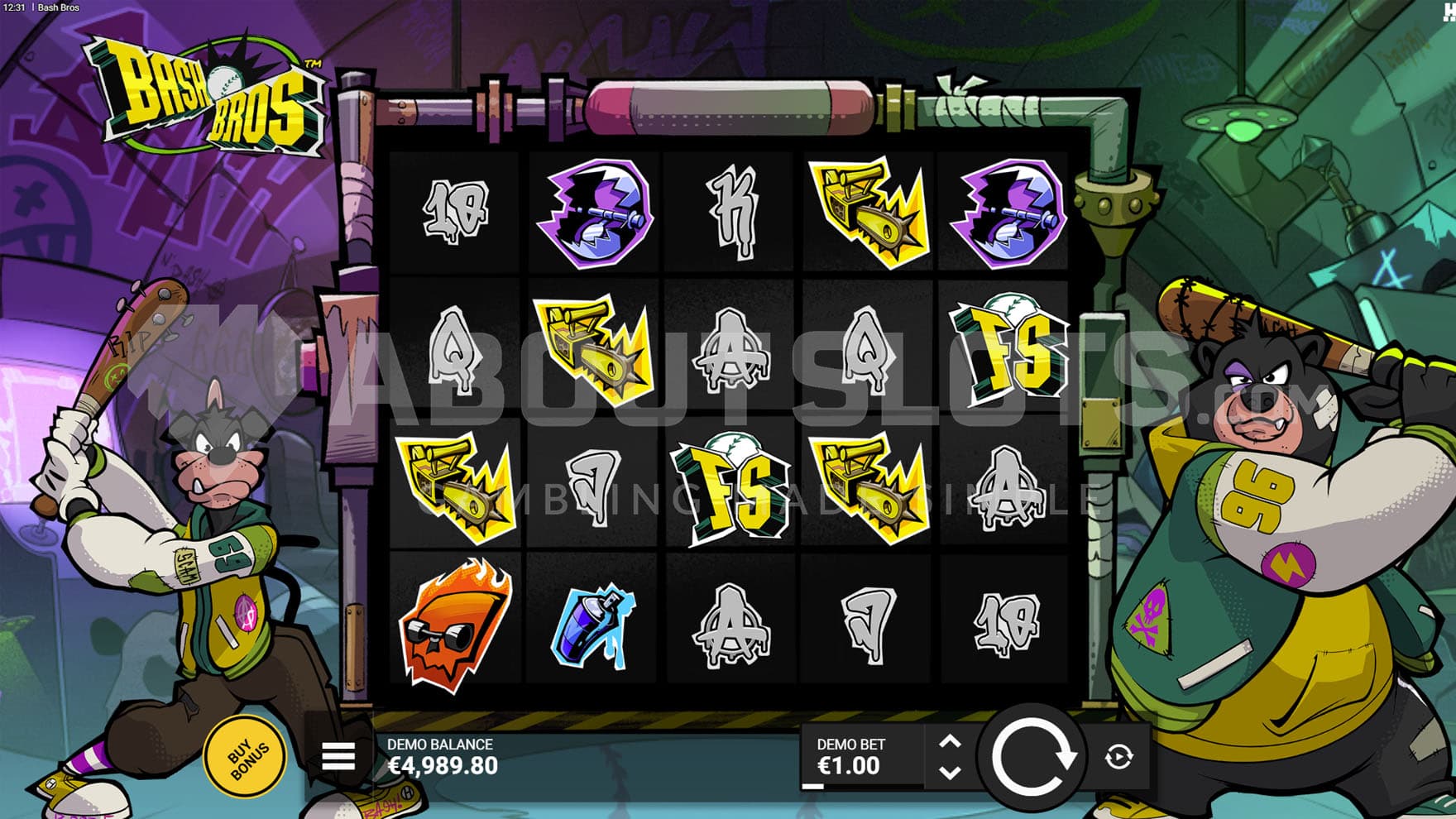 Base Game view of a 5x4 grid filled with cartoon symbols on a backdrop of a bunker with two characters, a dog and a bear standing on the sides.