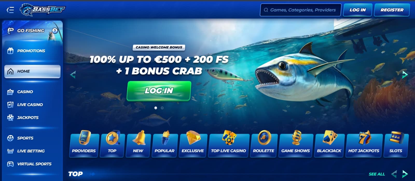 Bassbet Casino landing page with promotional welcome banner with fish underwater