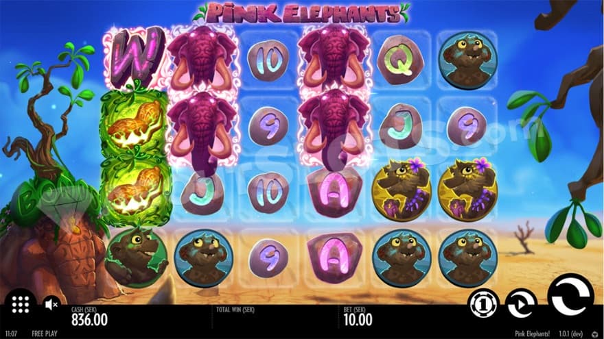 Base game where you can see some pink elephants on the reels.