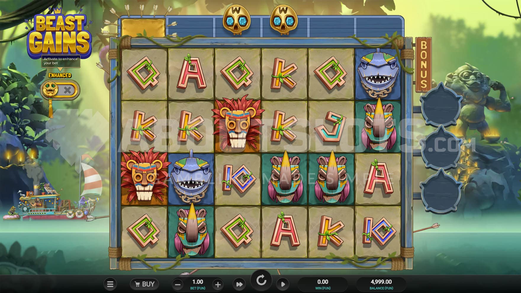 Base Game view of a 6x4 grid on a backdrop of a jungle, with a boat cruising on a river.