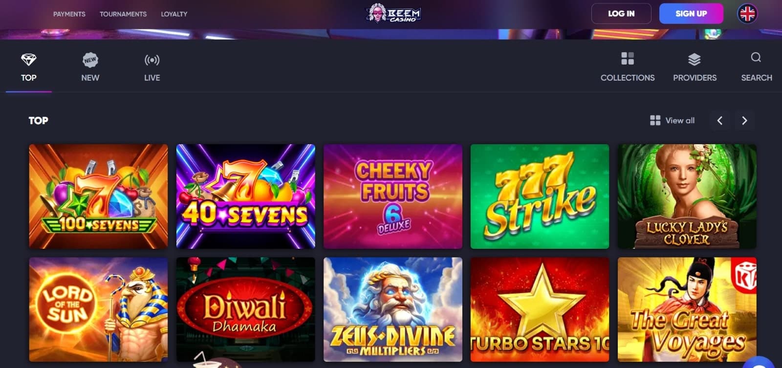 Beem Casino games page with the top slots on the site such as 100 Sevens and Lucky Lady's Clover