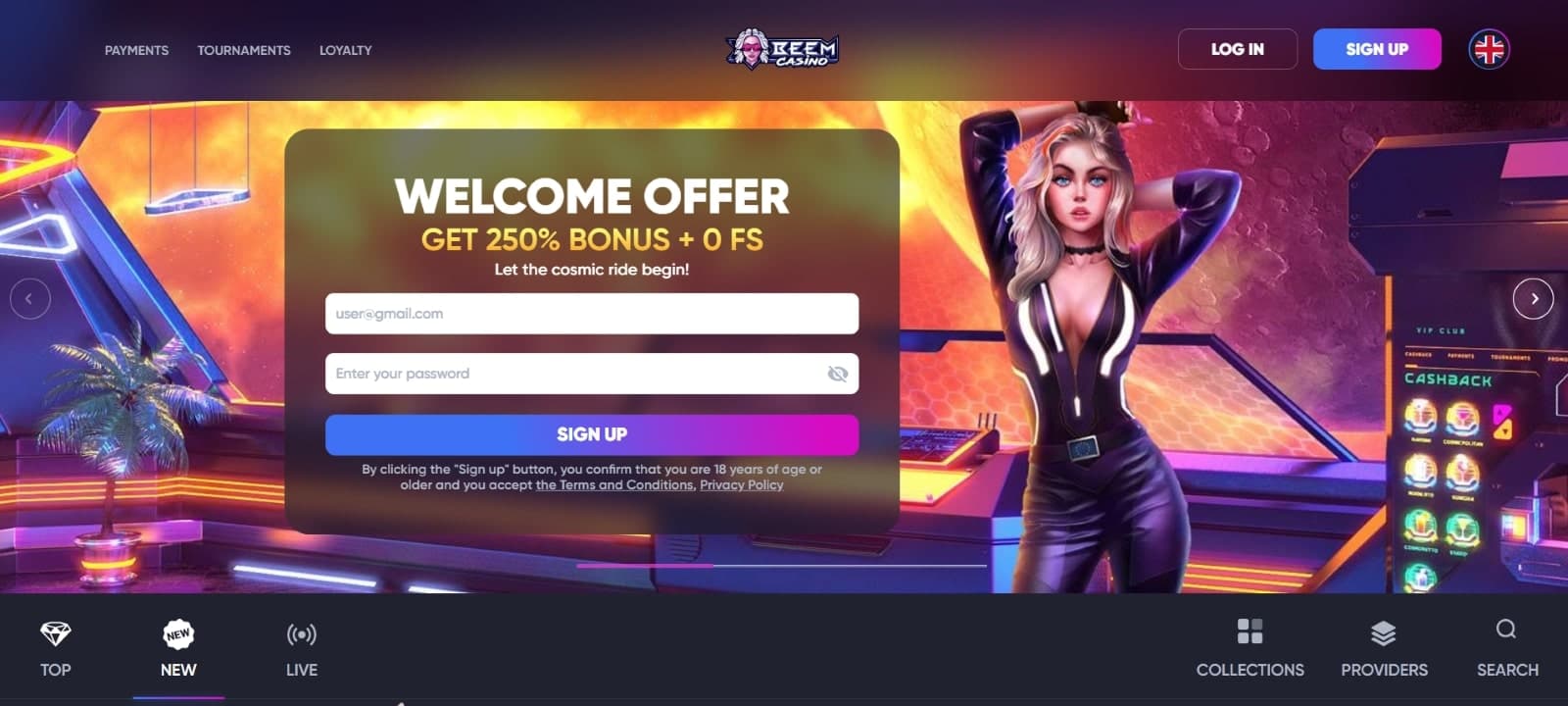 Beem Casino landing page featuring the welcome offer of 250% 