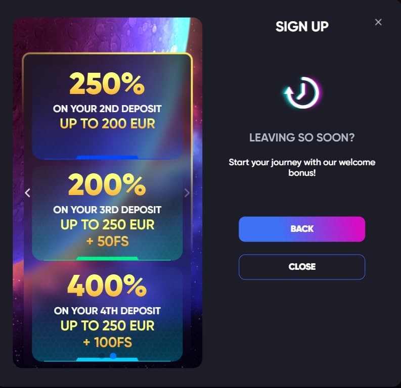 Beem Casino registration pop up with the four part welcome bonus of 250%, 200% and 400% on the 2nd, 3rd, and 4th deposit