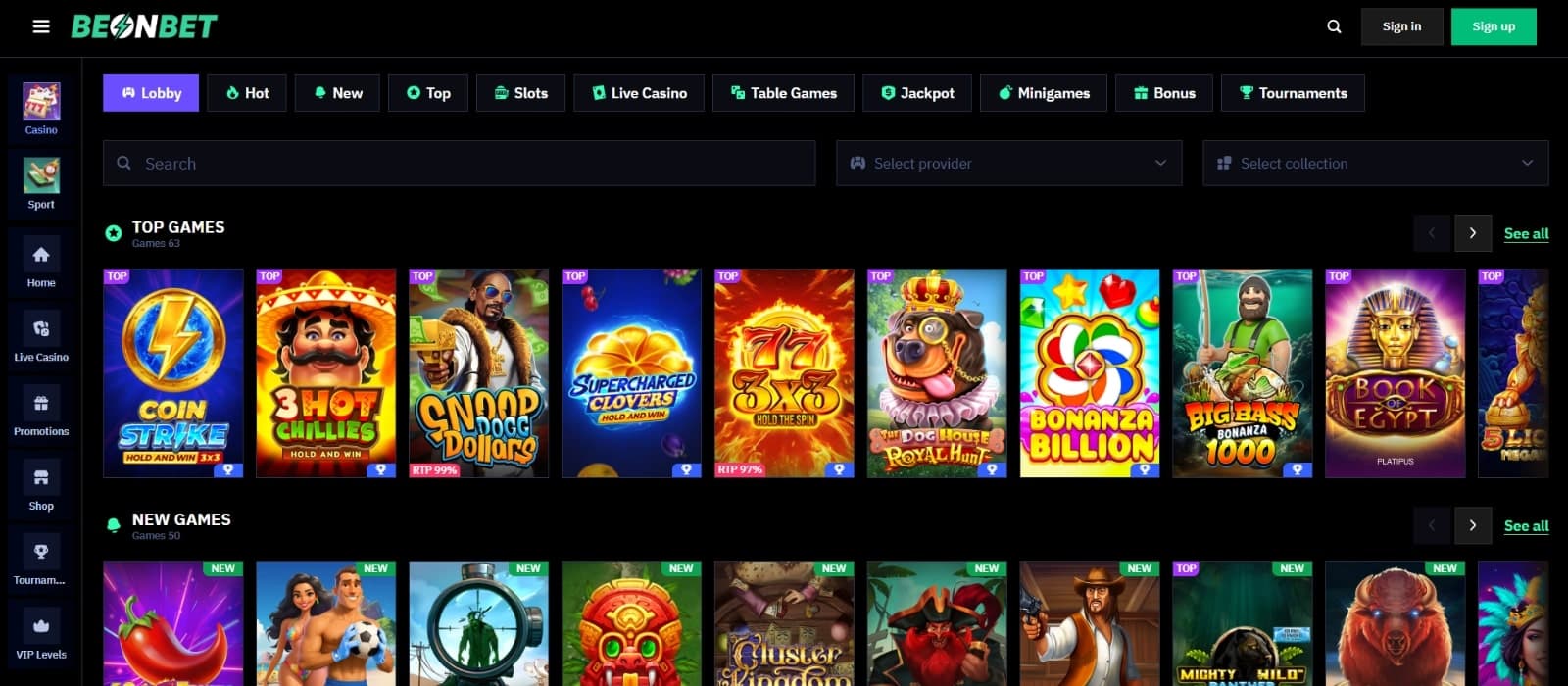 BeonBet Casino Games page featuring the top and new games such as Snoop Dogg Dollars, Bonanza Billion and many others