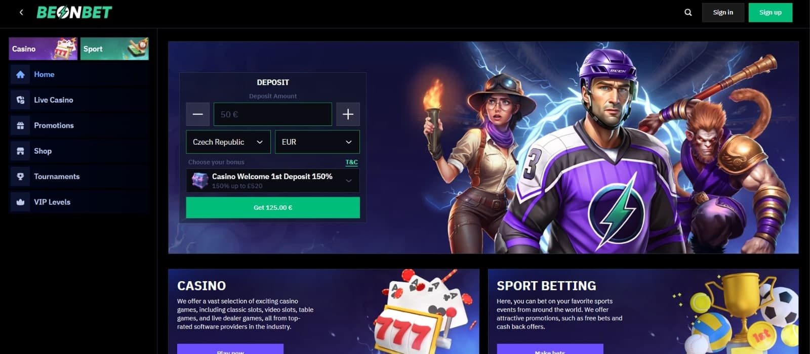 BeonBet Casino landing page with registration box and side menu navigation