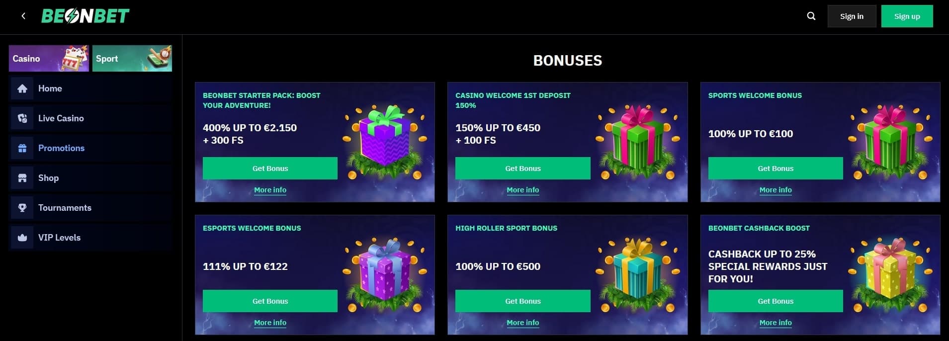 BeonBet Casino promotions page listing the casino welcome bonuses, sports bonus, hgh roller sports bonus and VIP cashback bonus of 25%
