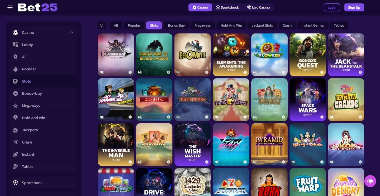  Bet25 Casino games page showing the most popular slots, along with the other game categories and left side menu