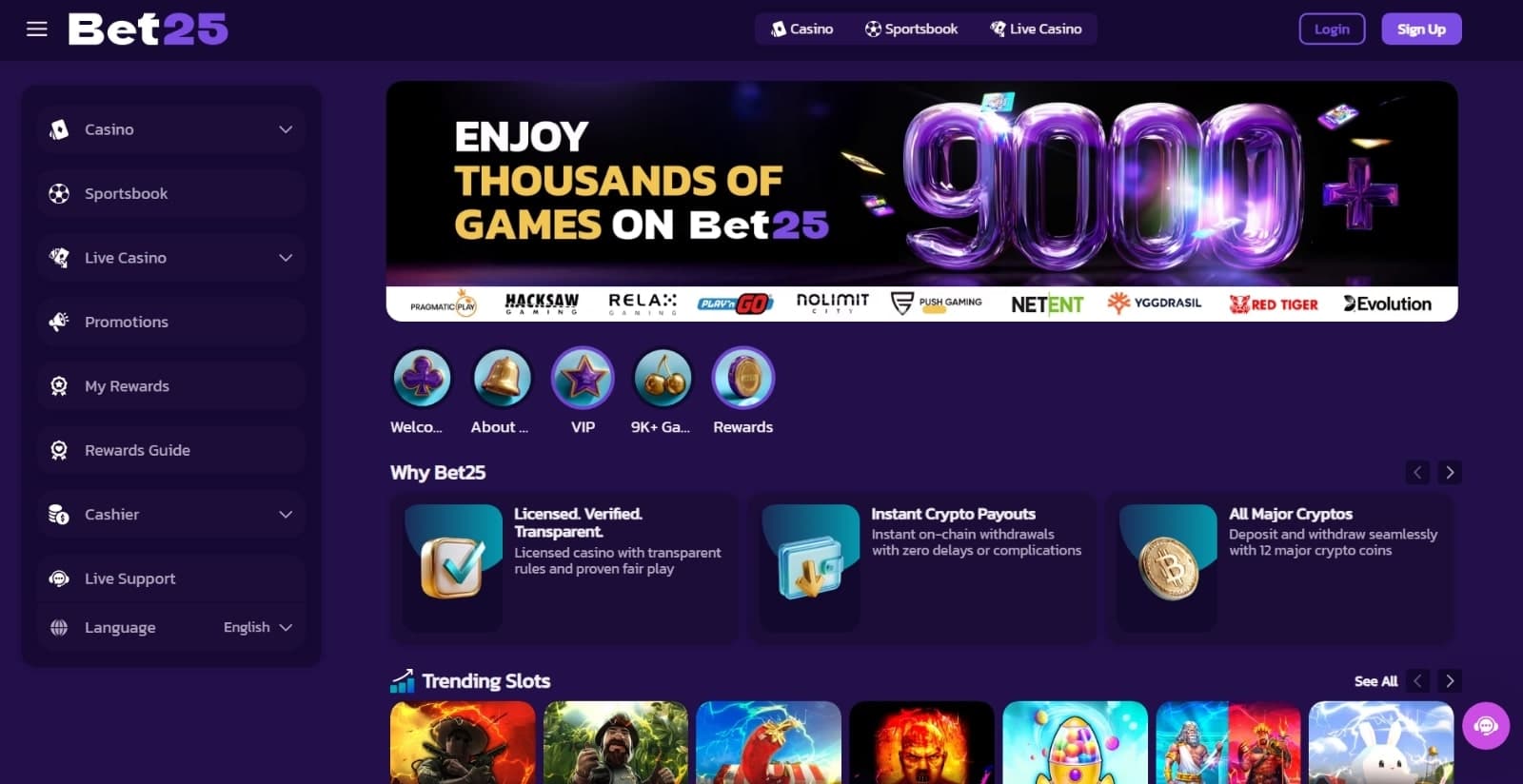 Bet25 Casino’s landing page showing the gaming library of 9000 titles, welcome bonus offer, VIP offers, rewards, and trending slots section