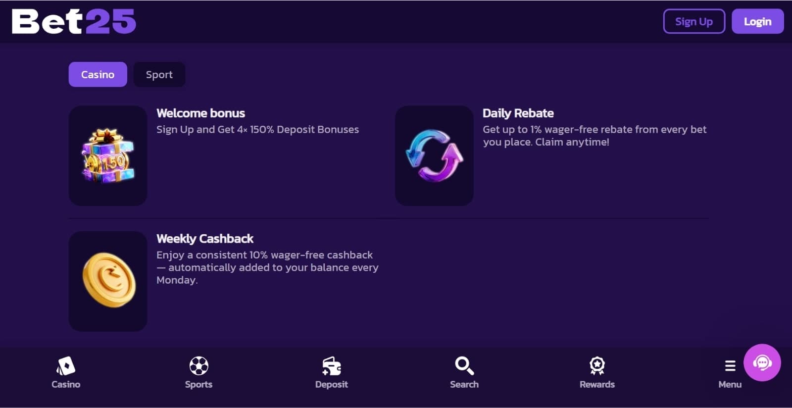  Bet25 Casino promotions page showing the welcome bonus of 150% , daily rebate and weekly cashback offer and terms