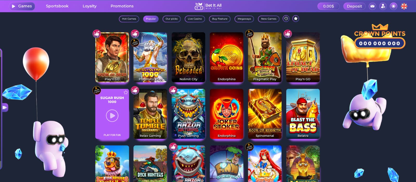Bet It All Casino games page featuring popular slots from Play’n GO, Pragmatic Play, Nolimit City, Endorphina, Relax Gaming, and Push Gaming, with filters for categories like Buy Feature, Live Casino, and Megaways.