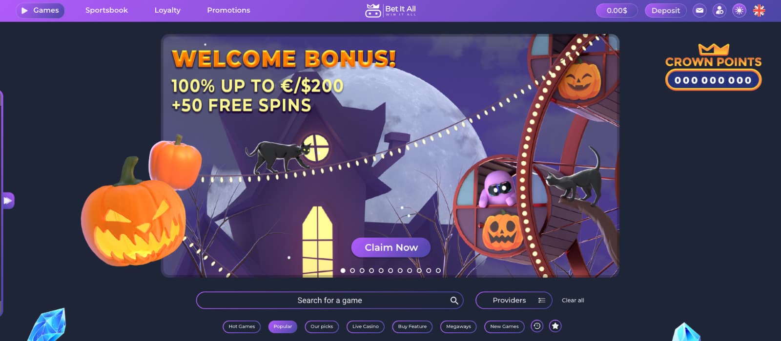 Bet It All Casino landing page highlighting the welcome bonus of 100% up to €200 plus 50 free spins with seasonal Halloween visuals and quick access to games and search filters. 