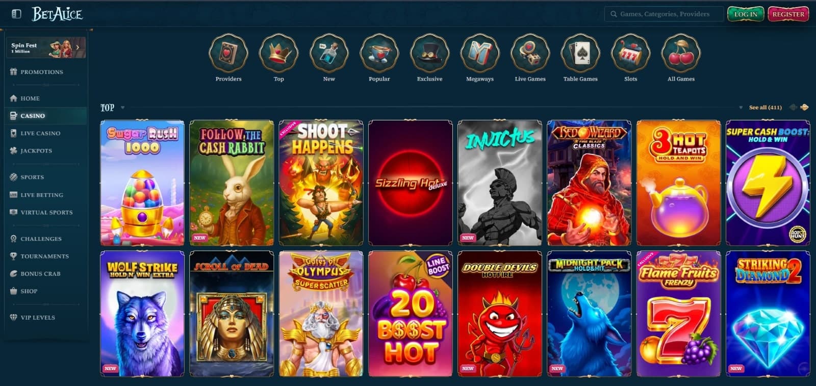 BetAlice Casino games page featuring the top slots such as Sugar Rush 1000, Wolf Strike and many others
