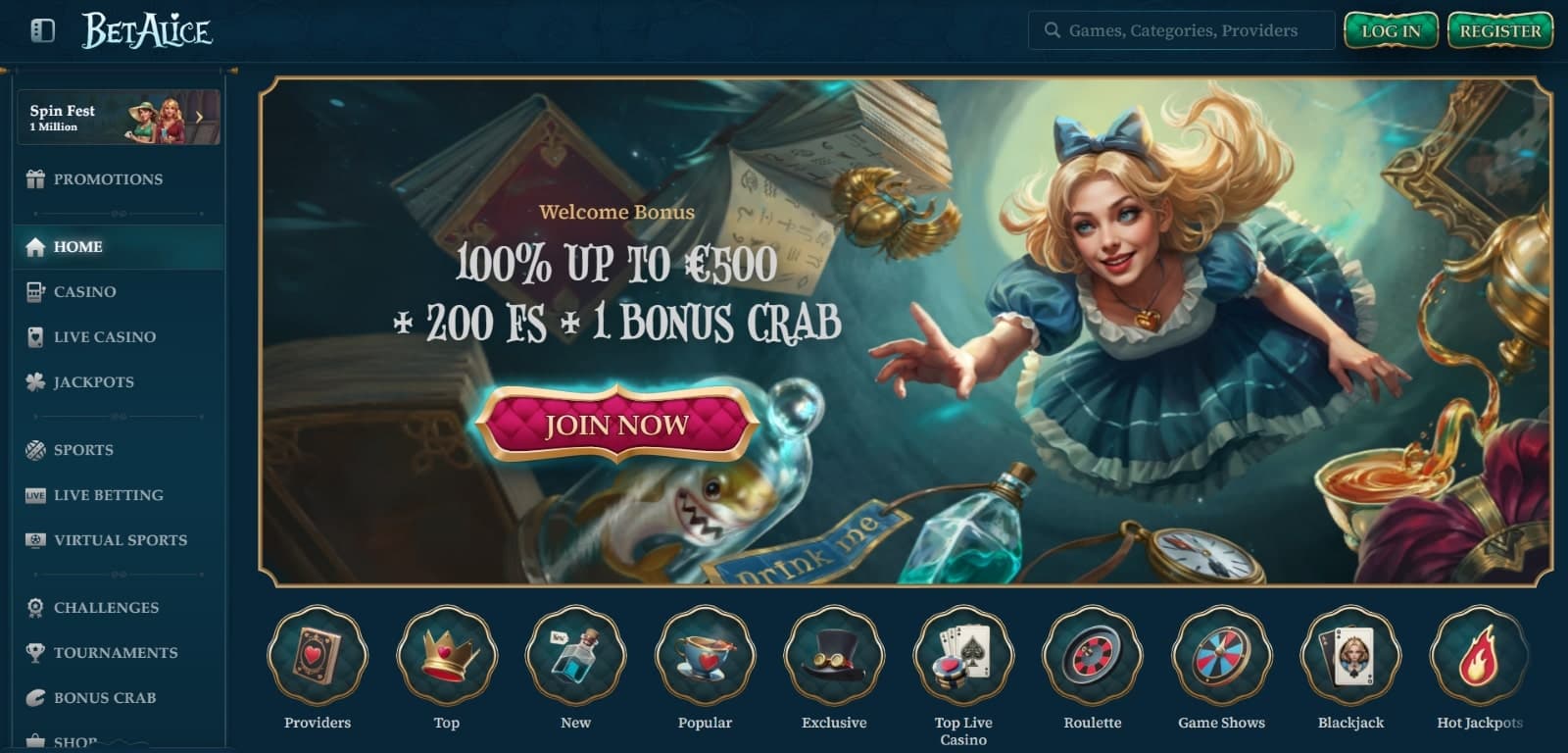 BetAlice Casino landing page featuring the 100% welcome bonus of 500 euros and 200 free spins with Alice in Wonderland inspired image
